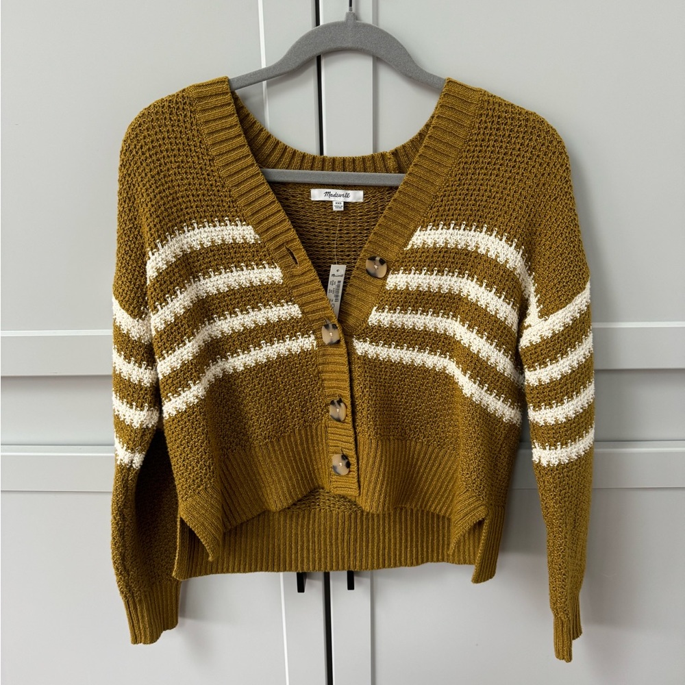 NWT Madewell mustard Cardigan Sweater with white stripes, size XXS